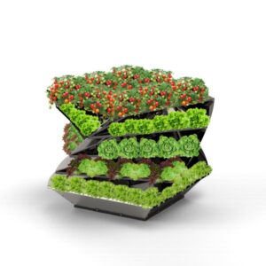 Hochbeet Twist X-Tra mit 5 Ebenen aus verzinktem Blech, gefüllt mit einer Vielfalt von Gemüse