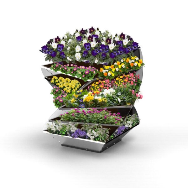 Gedrehtes Hochbeet Twist mit 6 Ebenen aus verzinktem Blech, jede Ebene mit einer Fülle von Blumen für einen traumhaften Garten