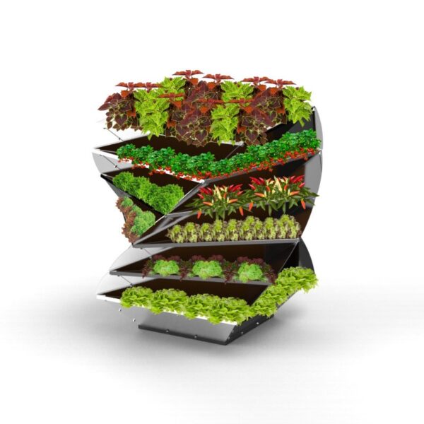 Gedrehtes Hochbeet Twist mit 6 Ebenen aus verzinktem Blech, befüllt mit einer Vielfalt von Gemüse, ideal für jeden Garten