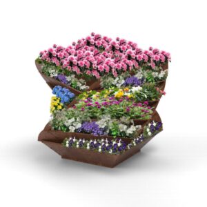Hochbeet Twist aus Edelrostmaterial, befüllt mit einer Vielzahl von Blumen