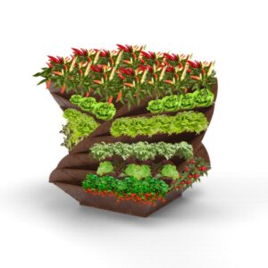Hochbeet Twist aus Edelrostmaterial, bepflanzt mit Salat und Erdbeeren