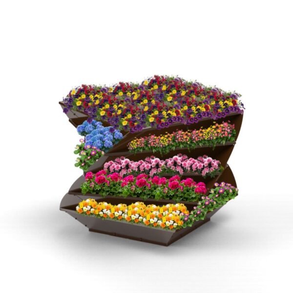 Hochbeet Twist X-Tra mit 5 Ebenen aus Cortenstahl, gefüllt mit wunderschönen Blumen und integriertem Schneckenschutz für Garten und Terrasse